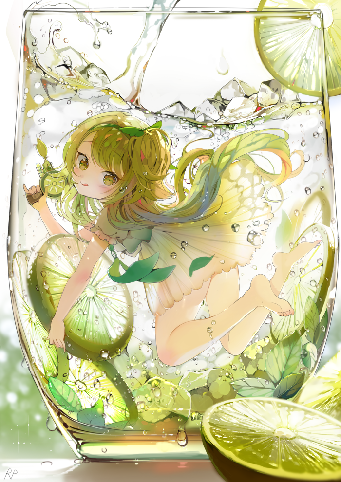 1girl :q barefoot food fruit glass green_eyes green_hair ice lime_(fruit) long_hair minigirl original repi987 solo submerged tongue tongue_out underwater water_gun