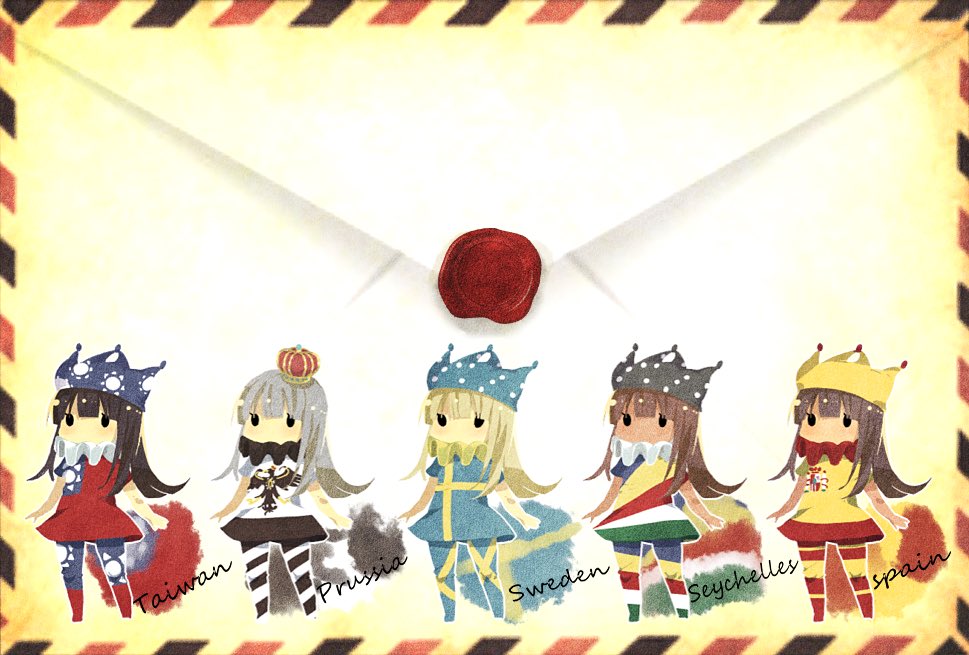 1girl alternate_costume black_hair blonde_hair brown_hair clownpiece crown envelope fuuga_(perv_rsity) grey_hair hat jester_cap long_hair multiple_persona pantyhose prussian_flag republic_of_china_flag seychellois_flag spanish_flag swedish_flag touhou