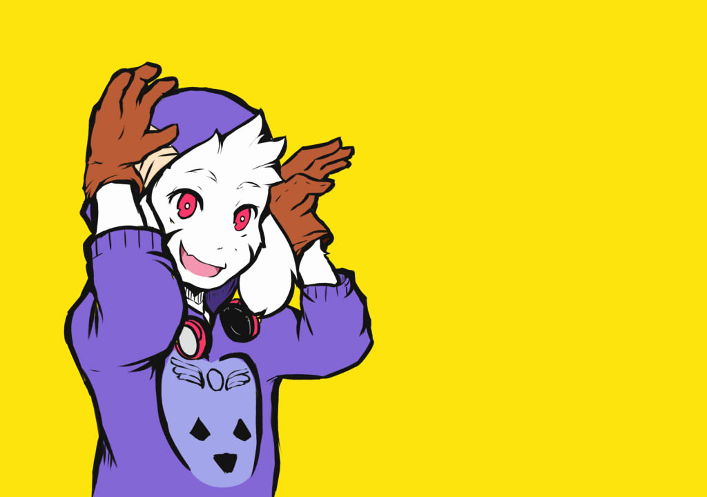 1boy adapted_costume asriel_dreemurr caribun gloves headphones headphones_around_neck hoodie matryoshka_(vocaloid) monster_boy parody pink_eyes tagme undertale