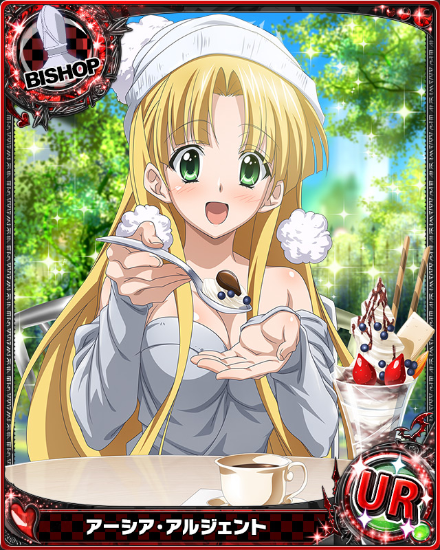 1girl asia_argento bishop_(chess) blonde_hair breasts card_(medium) character_name cleavage coffee coffee_cup dress green_eyes hat high_school_dxd holding long_hair looking_at_viewer open_mouth parfait pov_feeding solo sweater sweater_dress