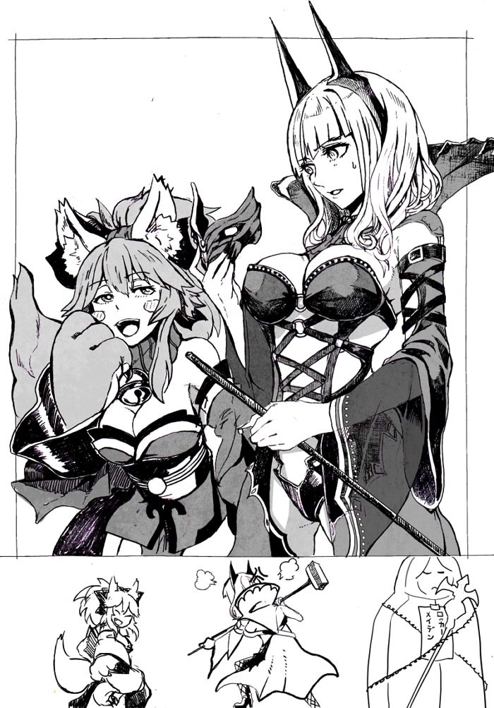 2girls angry animal_ears bare_shoulders bell blush bondage_outfit breasts cape carmilla_(fate/grand_order) caster_(fate/extra) cat_ears cat_tail chain cleavage clenched_hand detached_sleeves fate/grand_order fate_(series) hair_ribbon hammer horns iron_maiden jingle_bell large_breasts mask multiple_girls ribbon syatey tail tamamo_cat_(fate/grand_order) thigh-highs whip