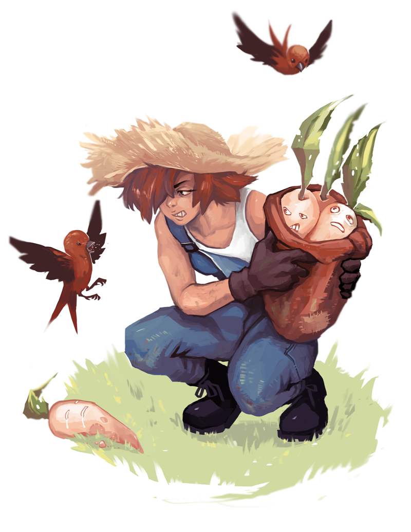 1boy bag bird black_gloves boots brown_hair clenched_teeth farmer gloves grass hair_over_one_eye hat male_focus original overalls radish squatting sun_hat synthesine tank_top tears