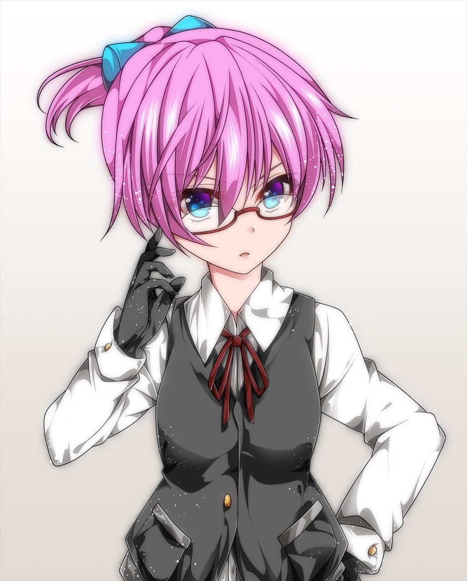 1girl bangs black_gloves blue_eyes eyebrows eyebrows_visible_through_hair glasses gloves gradient gradient_background hair_ornament hikobae kantai_collection long_sleeves looking_at_viewer multicolored_eyes neck_ribbon pink_hair ponytail red-framed_glasses red_ribbon ribbon semi-rimless_glasses shiranui_(kantai_collection) shirt short_hair solo upper_body vest violet_eyes white_shirt