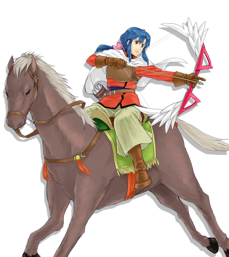 1girl arrow belt blue_eyes blue_hair boots bow bow_(weapon) cape feathers gloves horse horseback_riding long_hair low_ponytail nera_(vestaria_saga) quiver r_n riding solo vestaria_saga weapon white_background