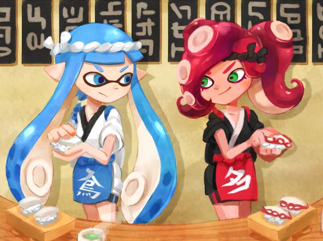 bike_shorts chef_uniform cup domino_mask food green_eyes inkling long_hair mask multiple_girls octarian plate pointy_ears redhead riko_(sorube) sign splatoon sushi takozonesu tea teacup tentacle_hair