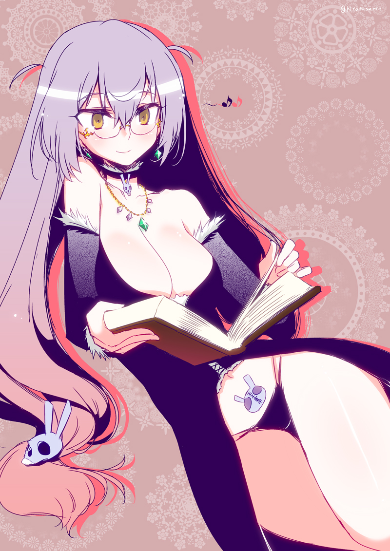 1girl arm_warmers bare_shoulders bespectacled book breasts brown_eyes cleavage earrings glasses hair_ornament hitotose_rin jewelry long_hair memento_(sennen_sensou_aigis) musical_note navel open_book purple_hair reading sennen_sensou_aigis solo underwear