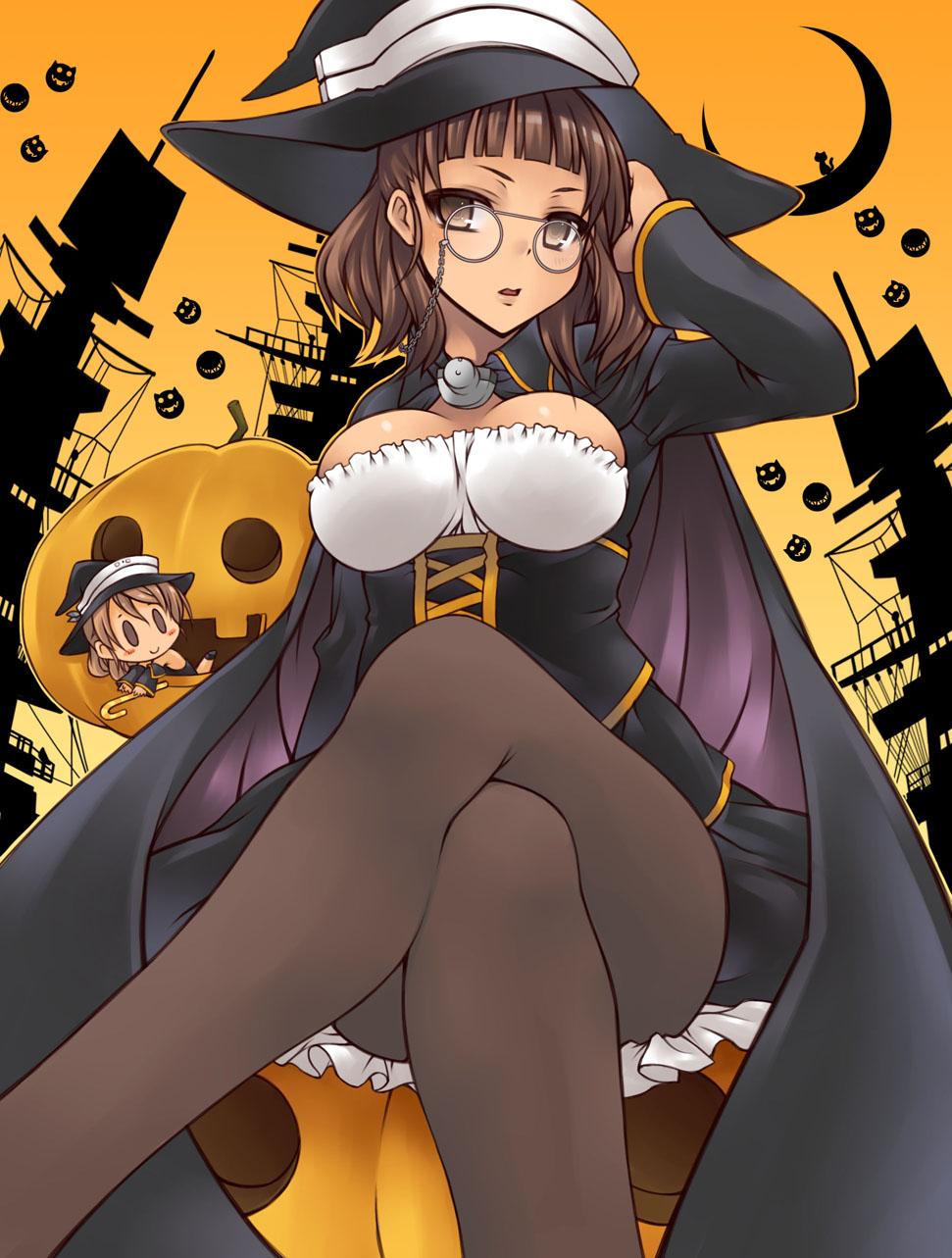 2girls black_legwear blush breasts brown_eyes brown_hair cape crossed_legs glasses halloween halloween_costume hat highres jack-o'-lantern kantai_collection large_breasts littorio_(kantai_collection) long_sleeves looking_at_viewer minigirl multiple_girls nikubanare open_mouth pantyhose pince-nez roma_(kantai_collection) short_hair sitting smile underbust witch_hat