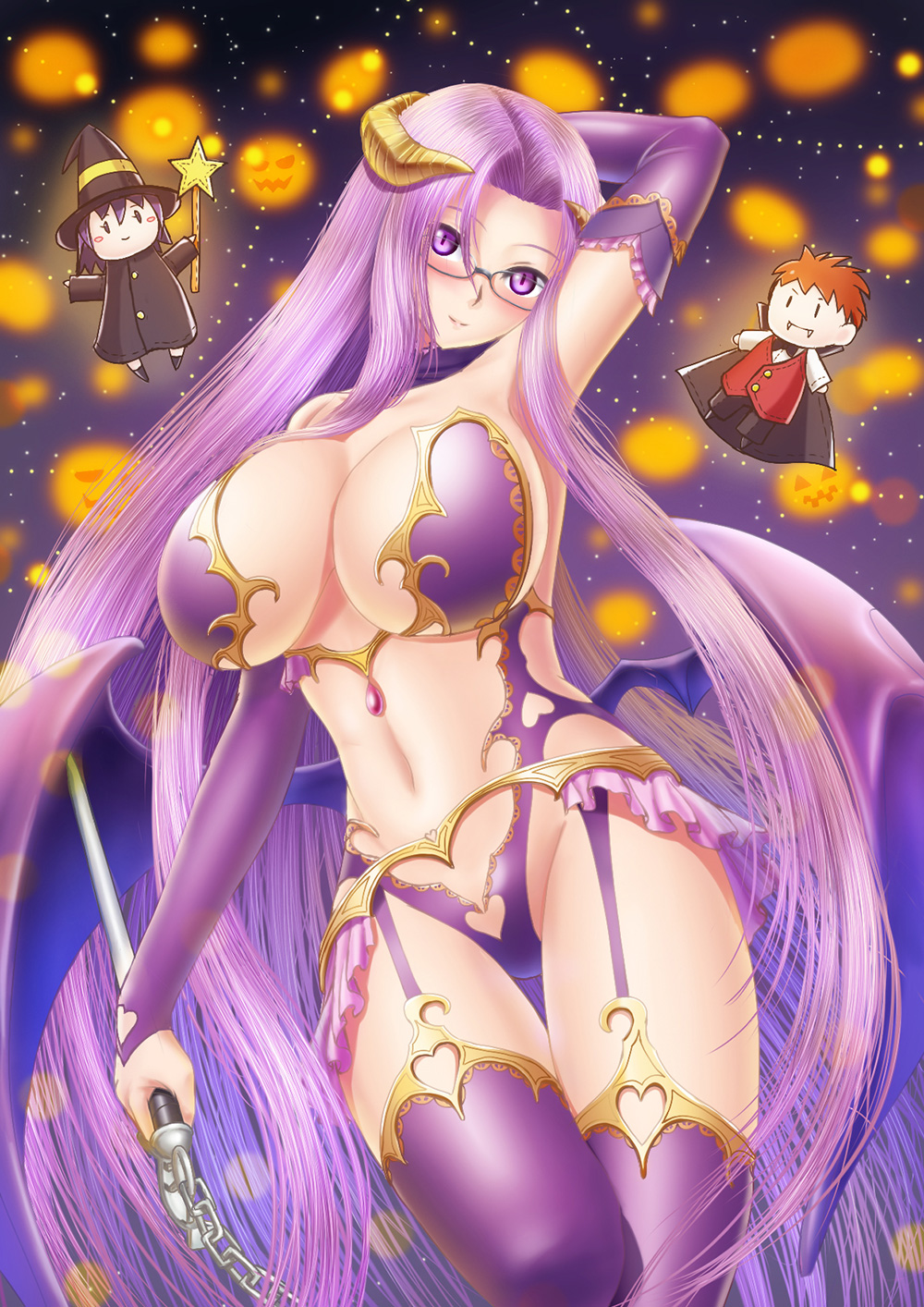 1girl alternate_costume bikini blush breasts chibi cleavage demon_girl elbow_gloves emiya_shirou fang fate/grand_order fate/stay_night fate_(series) feet_out_of_frame glasses gloves halloween halloween_princess_(fate/grand_order) hat highres horns inner_sideboob large_breasts legs legs_together long_hair masatoki matou_sakura medusa_(fate) medusa_(fate)_(all) navel purple_elbow_gloves purple_hair purple_thighhighs rider sideboob solo succubus thigh-highs thighs vampire very_long_hair violet_eyes wings witch witch_hat