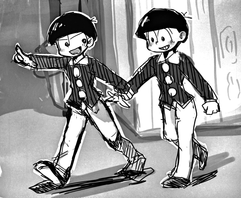 2boys arm_grab bowl_cut brothers child choromatsu heart heart_in_mouth matching_outfit monochrome multiple_boys osomatsu-kun osomatsu_(osomatsu-kun) siblings smile walking