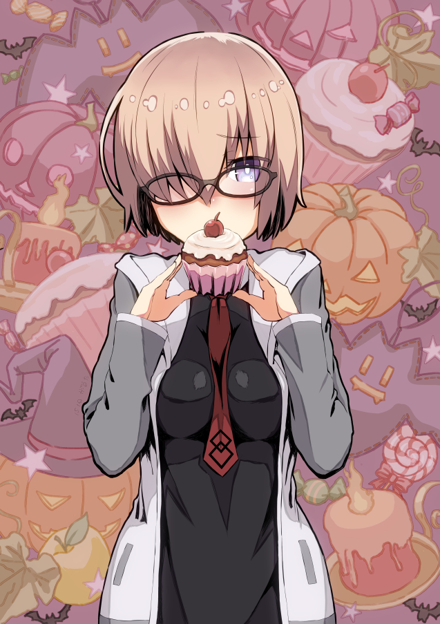 1girl apple bat between_breasts black-framed_glasses breasts cake candle candy cupcake fate/grand_order fate_(series) food fruit garutaisa glasses hair_over_one_eye hat lollipop long_sleeves looking_at_viewer necktie pumpkin purple_hair shielder_(fate/grand_order) short_hair smile solo star violet_eyes witch_hat |_|