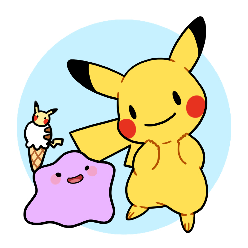 black_eyes blush blush_stickers ditto food ice_cream ice_cream_cone no_humans open_mouth pikachu pokemon pokemon_(creature) simple_background smile transformed_ditto zrae |_|