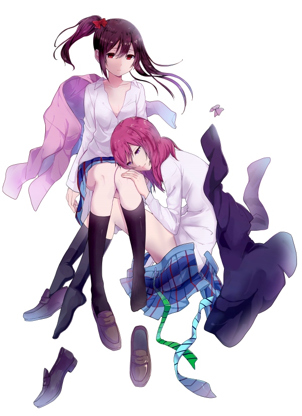 2girls alternate_hairstyle bangs black_legwear blazer bow bowtie_removed brown_hair cardigan fetal_position hair_bow hand_on_another's_knee jacket jacket_removed kneehighs lap_pillow loafers long_hair long_sleeves loose_clothes love_live!_school_idol_project miniskirt multiple_girls necktie necktie_removed nishikino_maki one_side_up plaid plaid_skirt red_bow red_eyes redhead school_uniform sen'yuu_yuuji shirt shoe_dangle shoes shoes_removed short_hair simple_background single_shoe sitting skirt skirt_removed small_breasts striped striped_necktie swept_bangs white_background white_shirt yazawa_nico yuri