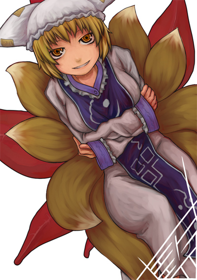 1girl animal_ears blonde_hair crossed_arms fox_ears fox_tail hat long_sleeves multiple_tails pillow_hat short_hair smile solo tabard tail touhou white_background wide_sleeves yajirushi_(chanoma) yakumo_ran yellow_eyes