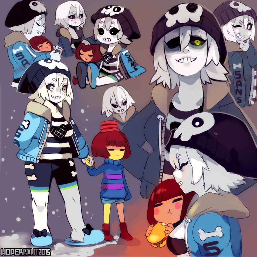 1girl 2015 androgynous artist_name beanie black_sclera blue_(hopebiscuit) eating food food_on_head frisk_(undertale) genderswap glowing glowing_eye grin hamburger hat holding_hands hoodie object_on_head personification plump sans sausage shirt short_eyebrows short_hair shorts slippers striped striped_shirt striped_sweater sweater tagme undertale white_eyes white_hair white_skin
