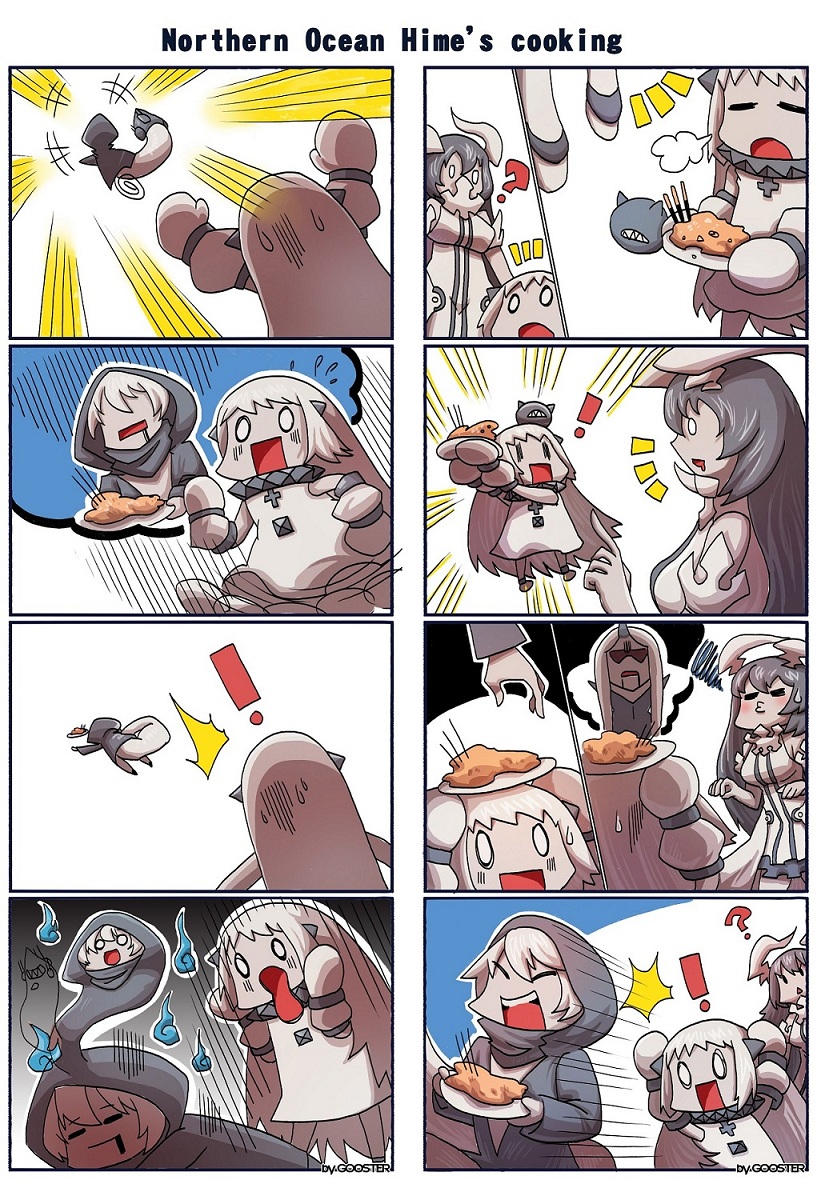 ! 4koma ? anchorage_water_oni breasts cleavage comic dress drooling enemy_aircraft_(kantai_collection) giving_up_the_ghost gooster kantai_collection long_hair multiple_4koma northern_ocean_hime o3o re-class_battleship seaport_water_oni shinkaisei-kan short_hair silent_comic sweatdrop tail white_dress white_hair white_skin
