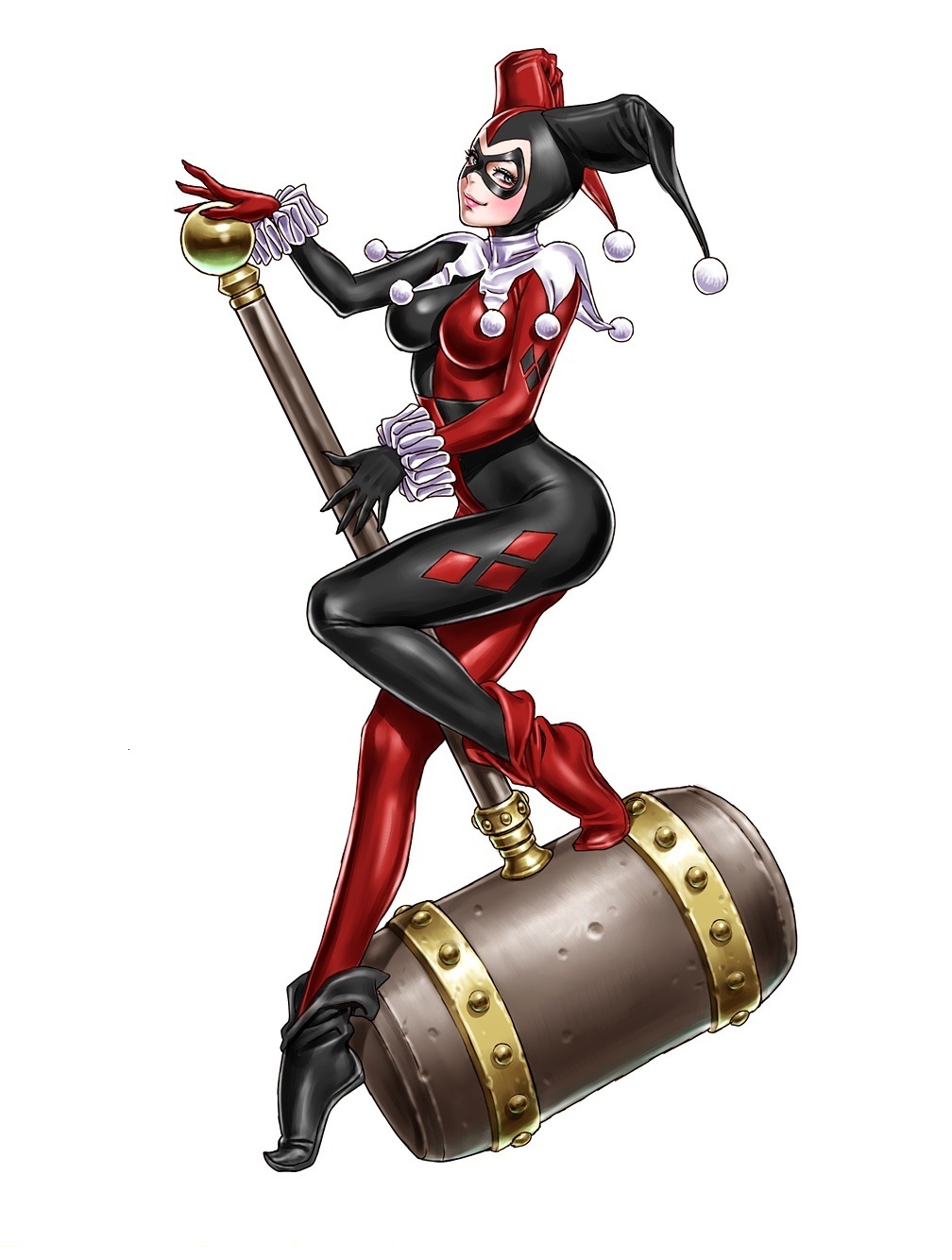 1girl ankle_boots asymmetrical_clothes batman_(series) between_thighs blush bodysuit boots breasts capelet dc_comics diamond_(shape) fingernails hammer hand_on_hilt harley_quinn hat highres huge_weapon jester jester_cap leg_lift long_fingernails looking_at_viewer looking_back mask naughty_face profile puffy_sleeves simple_background smile solo standing tiptoes weapon white_background yamashita_shun'ya
