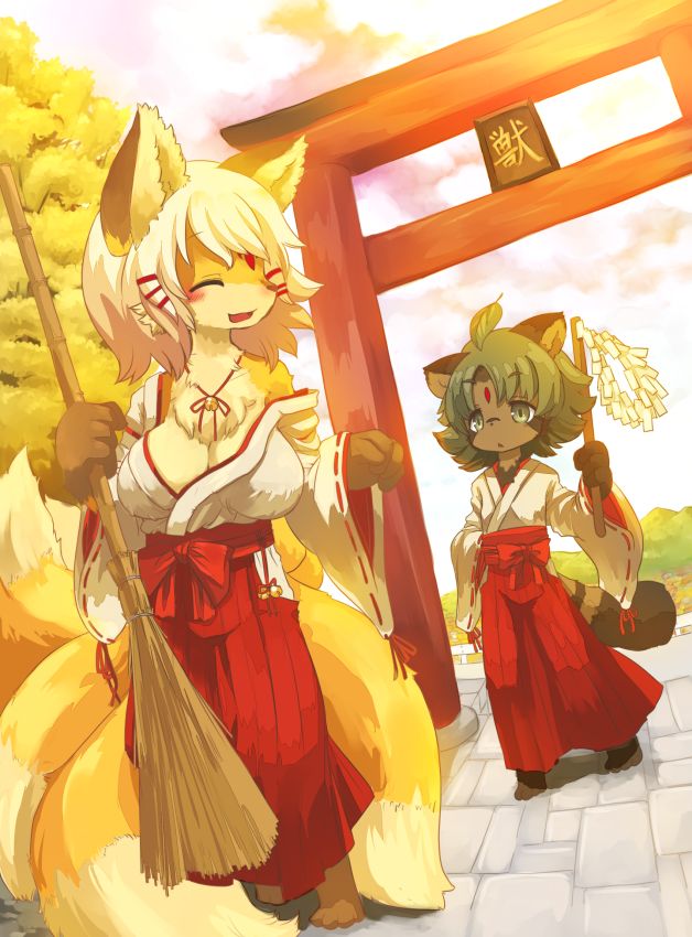 2girls animal_ears blush breasts closed_eyes fox_ears fox_tail furry green_eyes green_hair japanese_clothes kishibe miko multiple_girls multiple_tails smile tail torii