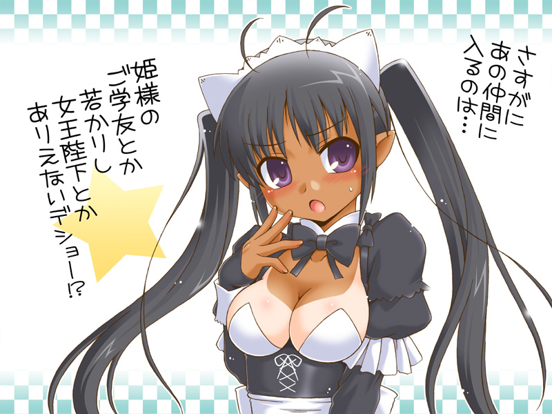 1girl :o antenna_hair black_hair bowtie breasts cleavage criet_tredis juliet_sleeves long_hair long_sleeves lotte_no_omocha! maid maid_headdress nishi_kita pointy_ears puffy_sleeves solo tan tanline translation_request twintails violet_eyes