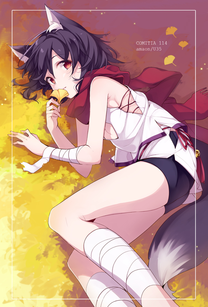 1girl animal_ears autumn_leaves bandaged_arm bandaged_leg bangs bell black_hair border breasts cleavage ginkgo looking_at_viewer lying on_side original parted_lips red_eyes red_scarf scarf short_hair shorts sleeveless solo swept_bangs tail text umiko_(munemiu)