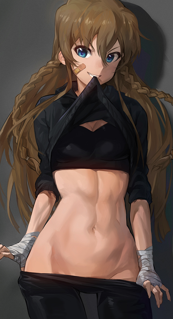 &gt;:d 1girl :d abs bandages bandaid bike_shorts black_background black_bra blue_eyes bra braid breasts brown_hair cleavage cowboy_shot hair_between_eyes head_tilt idolmaster idolmaster_million_live! kousaka_umi long_hair midriff mossi mouth_hold muscle navel open_mouth parted_lips shirt_lift shorts shorts_pull simple_background skin_tight sleeves_pushed_up smile solo sports_bra standing stomach teasing twin_braids underwear very_long_hair