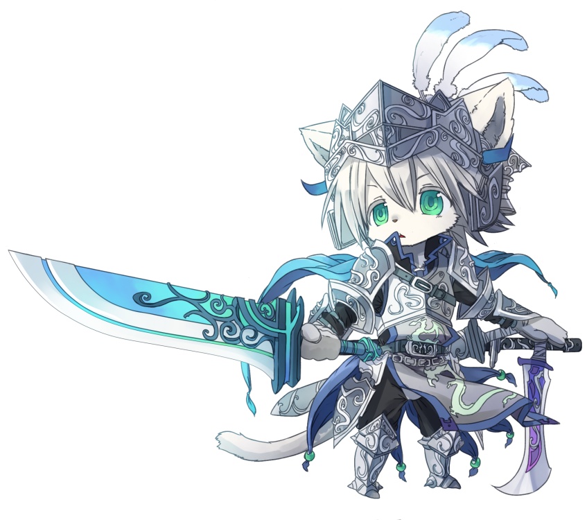 animal_ears armor chibi furry green_eyes kishibe short_hair simple_background solo sword tail weapon white_background