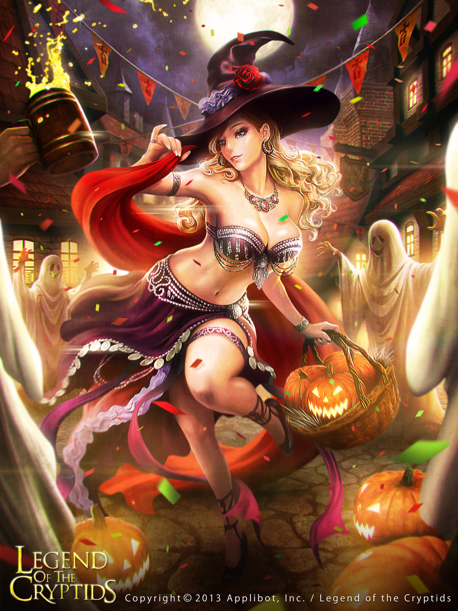 1girl 2013 armband bare_shoulders basket beer_mug blonde_hair blue_eyes breasts cleavage confetti copyright_name curly_hair earrings flower ghost_costume hands_raised hat hat_flower highres jack-o'-lantern jewelry kazuhiro_oya legend_of_the_cryptids long_hair midriff moon navel necklace one_leg_raised ring rose sign string_of_flags witch