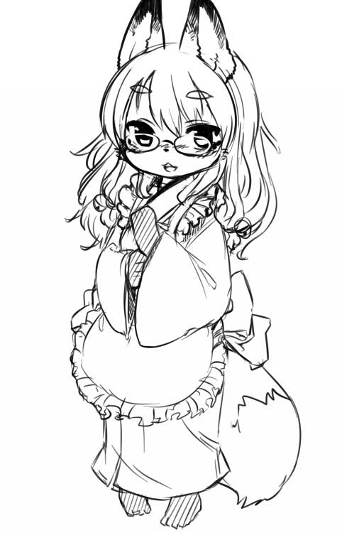 1girl animal_ears fox_ears fox_tail furry glasses kishibe long_hair looking_at_viewer monochrome simple_background smile solo tail