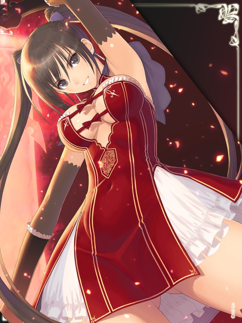 1girl arm_up armpits black_eyes breasts brown_hair cleavage dress dutch_angle earrings elbow_gloves gloves grin highres jewelry large_breasts long_hair looking_at_viewer maxima_enfield shining_(series) shining_blade smile solo tanaka_takayuki twintails very_long_hair