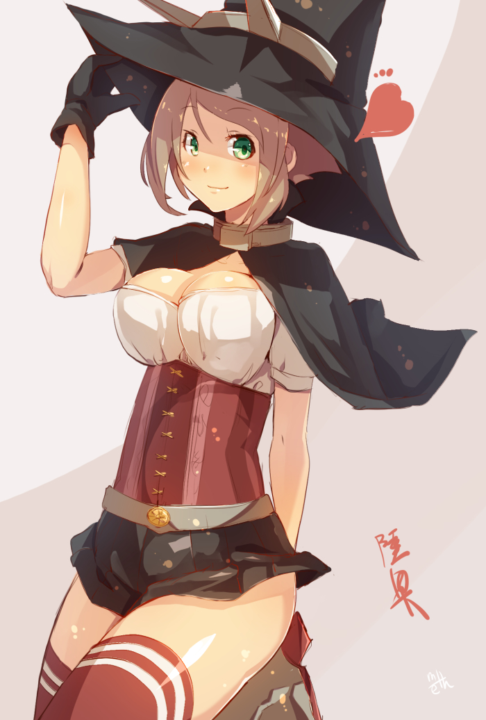 1girl breasts brown_hair cleavage corset gloves green_eyes hat headgear kantai_collection meth_(emethmeth) mutsu_(kancolle) short_hair solo thigh-highs witch_hat