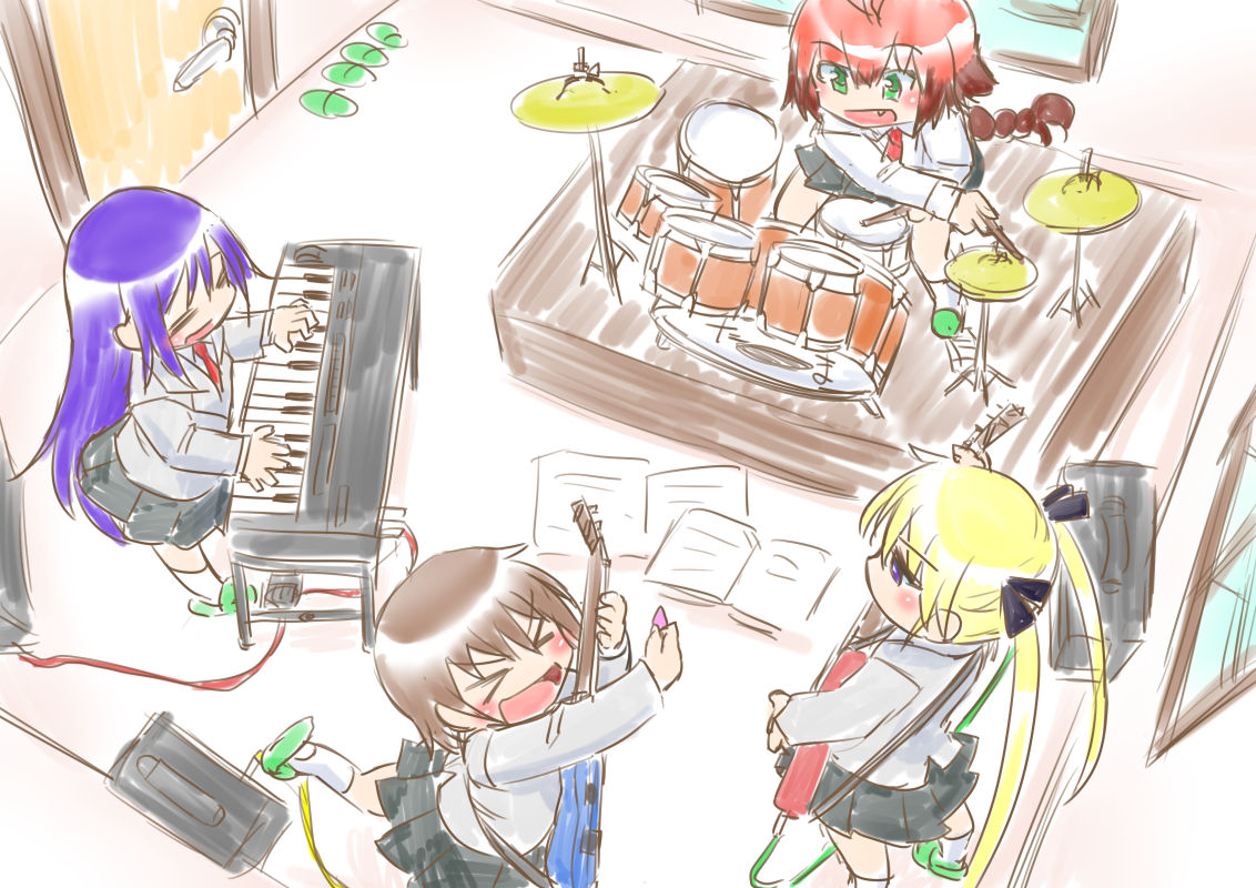 4girls band bass_guitar blonde_hair braid brown_hair drum drum_set electric_guitar goshiki_agiri guitar hair_ribbon instrument keyboard_(instrument) kill_me_baby kogaku_kazuya long_hair multiple_girls necktie oribe_yasuna purple_hair ribbon school_uniform short_hair skirt smile sonya_(kill_me_baby) twintails unused_character