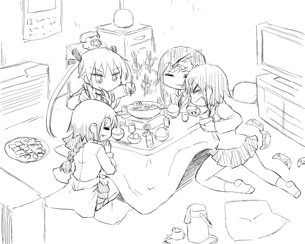 chopsticks food goshiki_agiri hair_ribbon kill_me_baby kogaku_kazuya kotatsu long_hair monochrome multiple_girls oribe_yasuna ribbon school_uniform short_hair skirt sonya_(kill_me_baby) sukiyaki table twintails unused_character