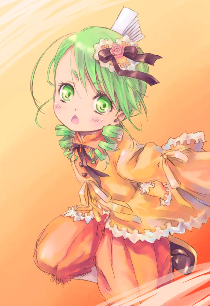 1girl arms_behind_back blush dress drill_hair green_eyes green_hair hair_ornament kanaria long_sleeves looking_at_viewer open_mouth pokomi puffy_pants rozen_maiden sleeves_past_wrists solo twin_drills