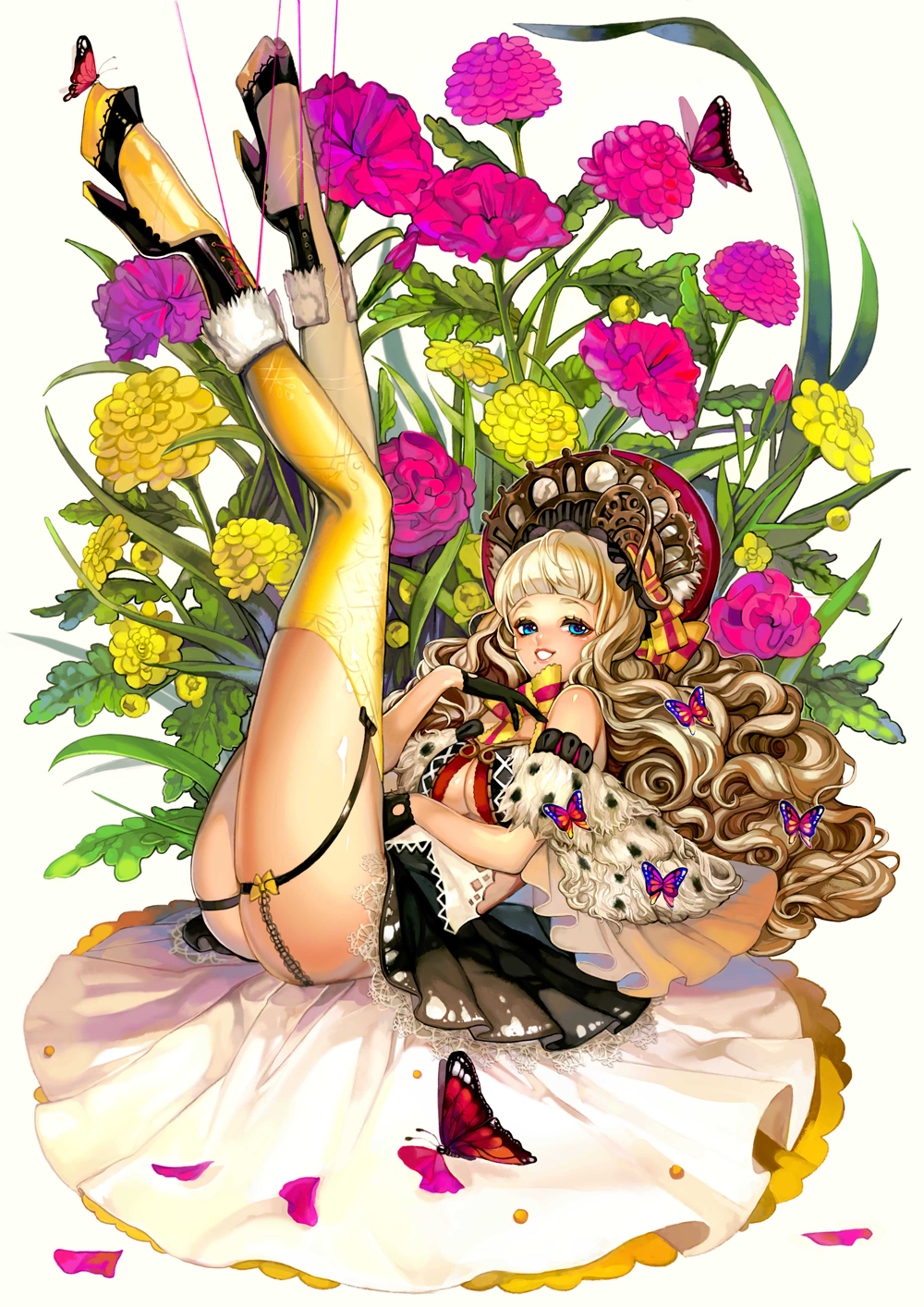 1girl bangs bare_shoulders big_hair black_gloves black_skirt blonde_hair blue_eyes blunt_bangs blush bow bowtie breasts butterfly cleavage cross-laced_footwear curly_hair full_body fur_trim garter_straps gloves hair_bow half_gloves hat high_heels highres katsu_ryouji lace-trimmed_skirt legs_up light_brown_hair lipstick long_hair long_legs looking_at_viewer makeup mole mole_under_mouth original petals pleated_skirt polka_dot skirt smile solo string thigh-highs very_long_hair yellow_bow yellow_legwear