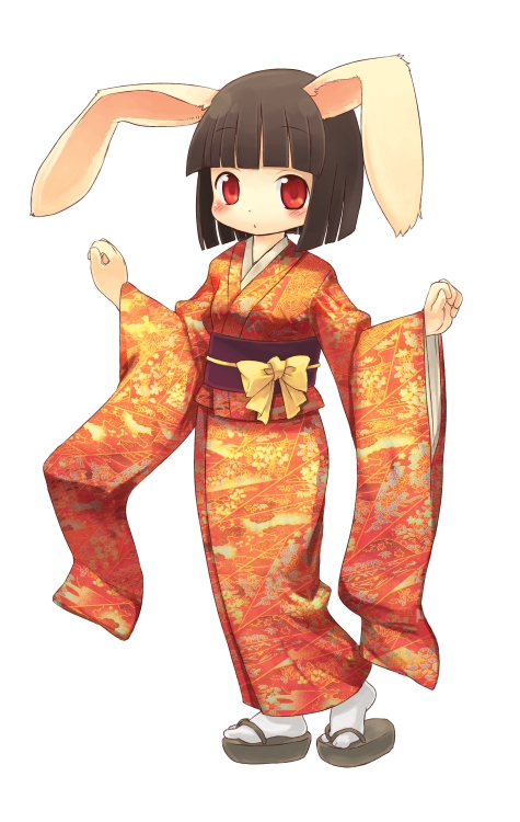 1girl animal_ears furry japanese_clothes kimono kishibe red_eyes short_hair simple_background solo white_background