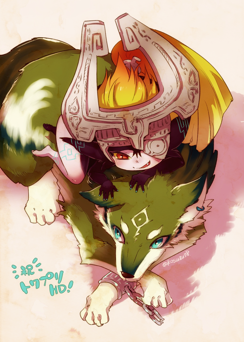 1boy 1girl blue_eyes fang helmet highres link midna mitsubachi_koucha pointy_ears red_eyes smile the_legend_of_zelda the_legend_of_zelda:_twilight_princess wolf