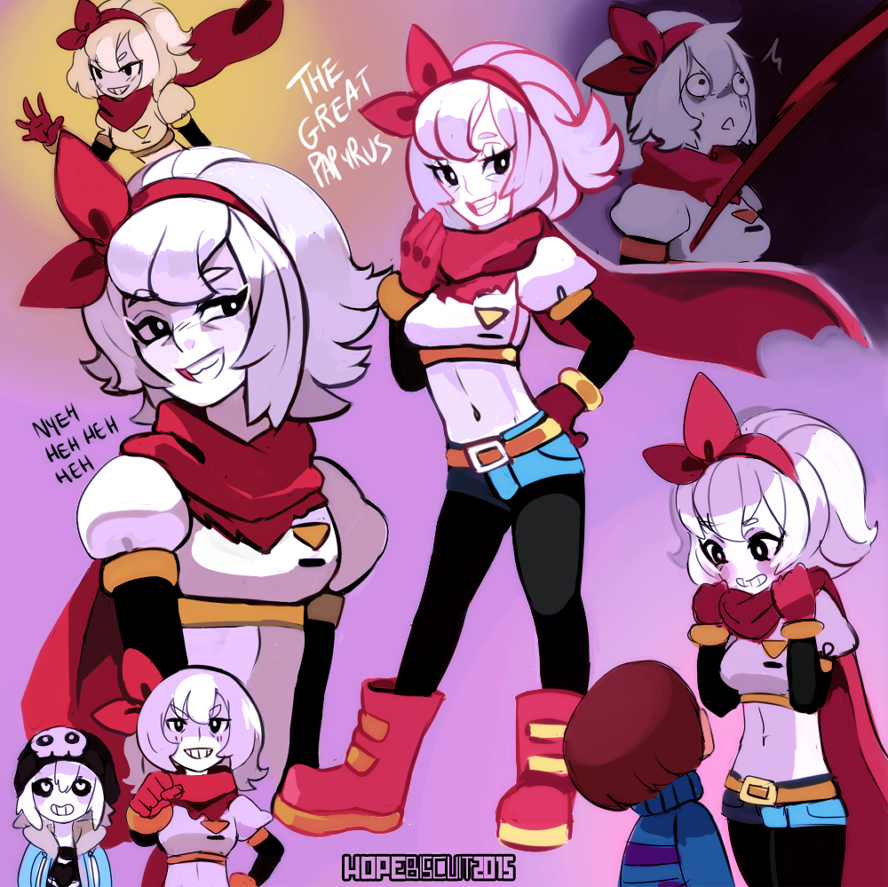 2015 2girls androgynous artist_name black_eyes blue_(hopebiscuit) boots frisk_(undertale) genderswap gloves grin midriff multiple_girls pantyhose papyrus_(undertale) personification sans scarf short_hair shorts smile striped striped_sweater sweater tagme undertale white_hair