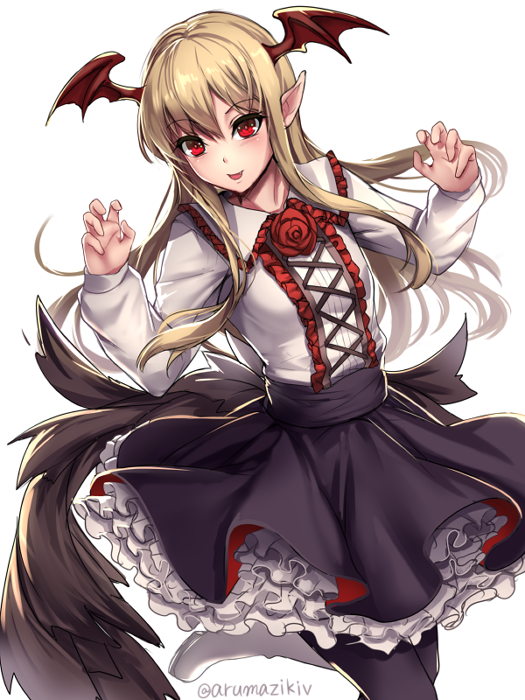 1girl aruma_jiki blonde_hair dress granblue_fantasy head_wings long_hair looking_at_viewer pointy_ears red_eyes simple_background smile solo vampy white_background