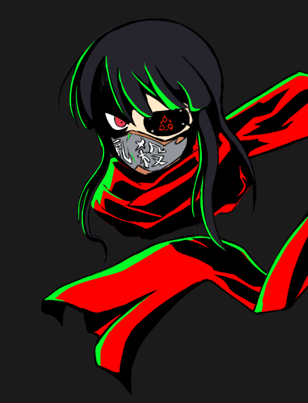 1girl black_hair eyepatch face_mask fujikido_kenji fujikido_kenji_(cosplay) long_hair mask mirai_(senran_kagura) ninja_slayer red_eyes scarf senran_kagura senran_kagura_(series) solo