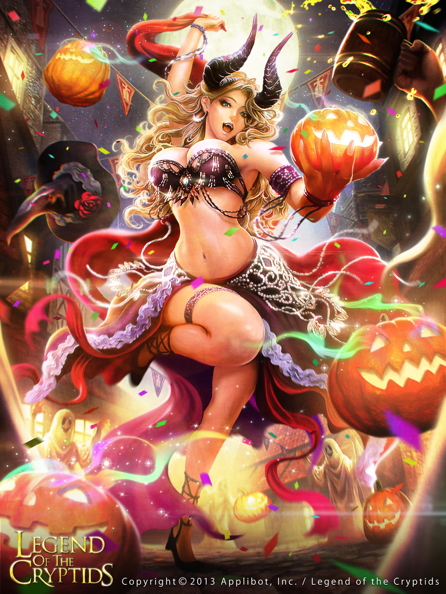 1girl 2013 armband bare_shoulders basket beer_mug blonde_hair blue_eyes bracelet breasts cleavage confetti copyright_name curly_hair earrings flower ghost_costume hat hat_flower hat_removed headwear_removed highres jack-o'-lantern jewelry kazuhiro_oya leg_band legend_of_the_cryptids long_hair midriff moon navel necklace open_mouth string_of_flags witch_hat