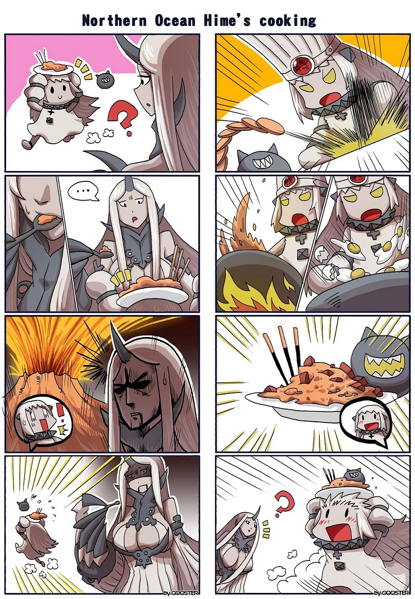 4koma :d breasts chef_hat claws cleavage comic cooking detached_sleeves dress enemy_aircraft_(kantai_collection) gooster hat horn kantai_collection long_hair multiple_4koma northern_ocean_hime open_mouth seaport_water_oni shinkaisei-kan silent_comic smile white_dress white_hair white_skin