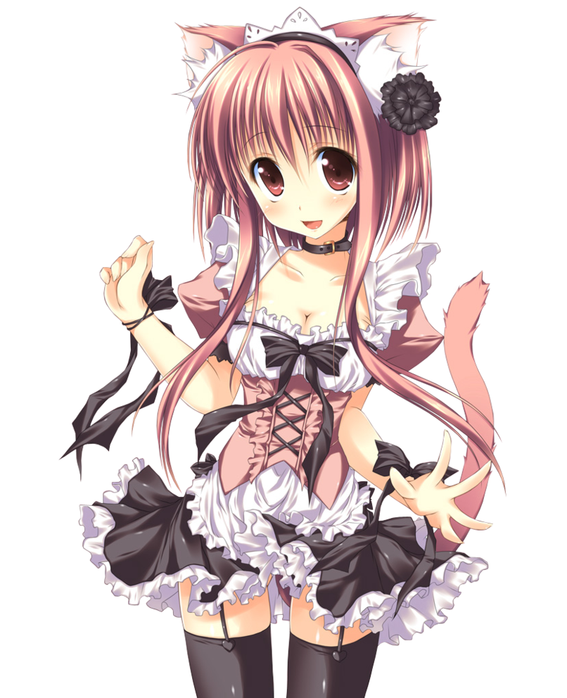 1girl animal_ears artist_request black_legwear black_stockings blush breasts cat_ears cat_tail choker cleavage female female_only garter garter_straps looking_at_viewer maid maid_headdress nekomimi pink_hair red_eyes ribbon solo stockings tail
