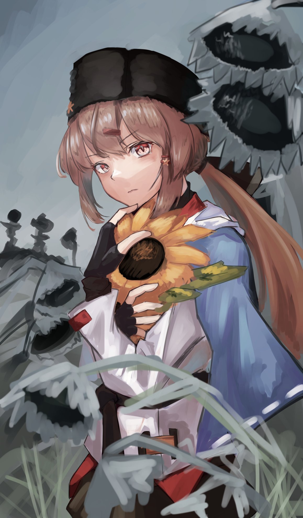 1girl belt black_belt black_bow black_gloves black_headwear black_skirt blue_shawl bow brown_eyes brown_hair fingerless_gloves flower frown gloves hair_bow hammer_and_sickle highres jacket kantai_collection long_hair looking_at_viewer low_twintails panda_(heart_sink) papakha red_shirt russian_clothes scarf shawl shirt skirt solo star_(symbol) sunflower tashkent_(kancolle) torn_scarf twintails untucked_shirt white_jacket white_scarf