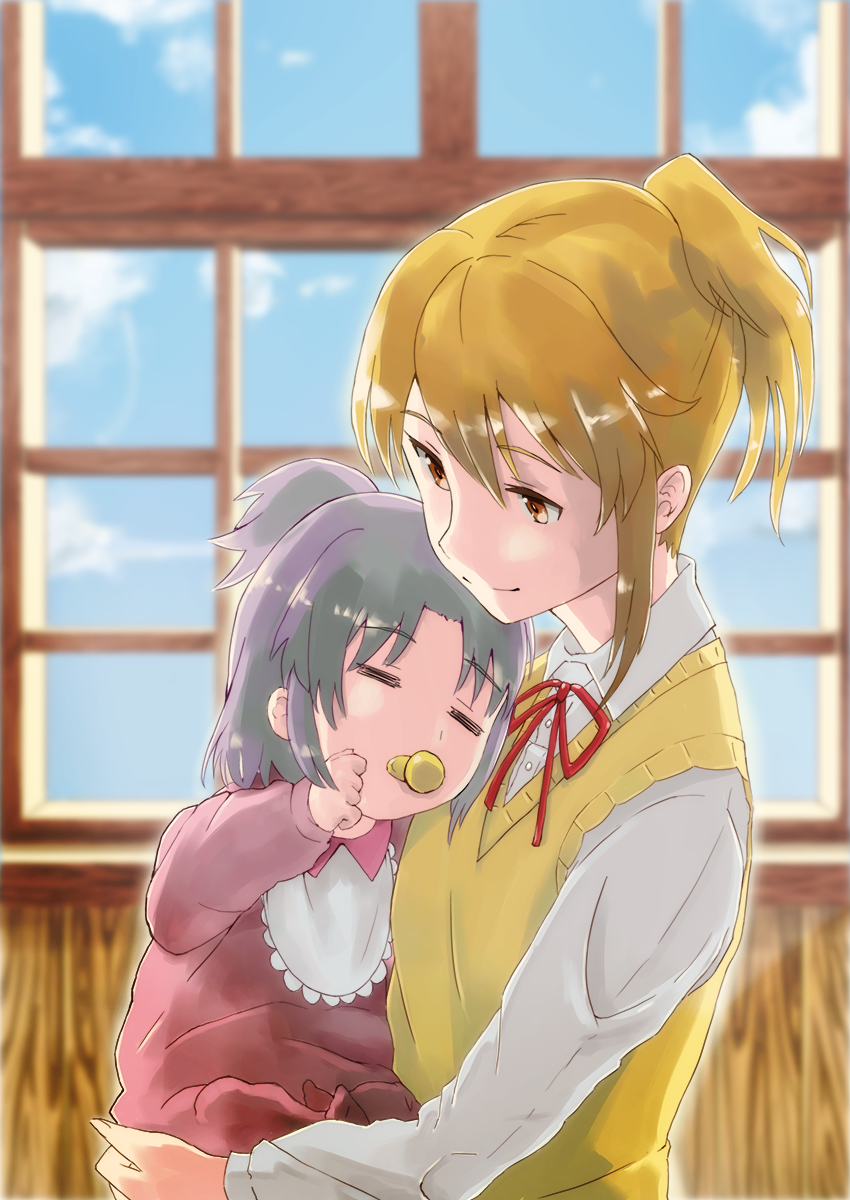 2girls baby bib blonde_hair highres holding kagayama_kaede miyauchi_renge multiple_girls natsume_kintoki non_non_biyori pacifier ponytail purple_hair school_uniform sky sleeping smile window yellow_eyes younger