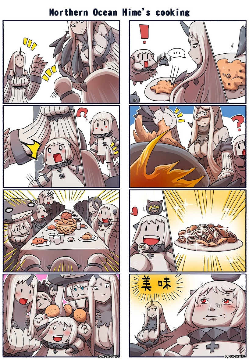 4koma aircraft_carrier_water_oni airfield_hime anchorage_water_oni armored_aircraft_carrier_oni battleship_hime breasts claws cleavage comic detached_sleeves dress enemy_aircraft_(kantai_collection) gooster headgear horn kantai_collection long_hair multiple_4koma northern_ocean_hime re-class_battleship seaport_hime seaport_water_oni shinkaisei-kan short_hair silent_comic white_dress white_hair white_skin wo-class_aircraft_carrier