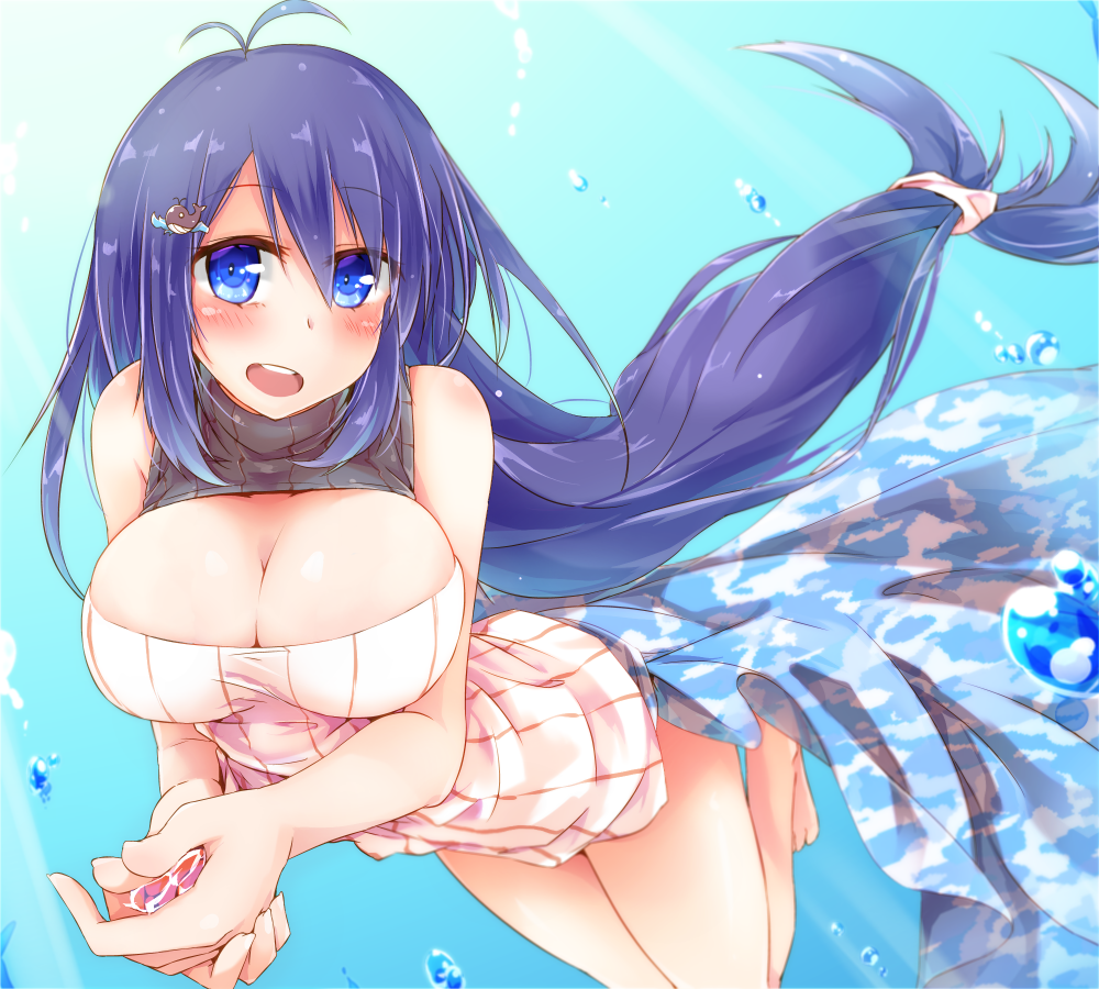 1girl :d air_bubble antenna_hair bare_arms bare_legs barefoot blue_eyes blue_hair blush breasts cleavage cleavage_cutout hair_ornament large_breasts long_hair looking_at_viewer low-tied_long_hair open-chest_sweater open_mouth original ribbed_sweater rinrin_(927413) sleeveless sleeveless_turtleneck smile solo sweater swimming swimsuit swimsuit_under_clothes turtleneck underwear vertical_stripes very_long_hair whale_hair_ornament