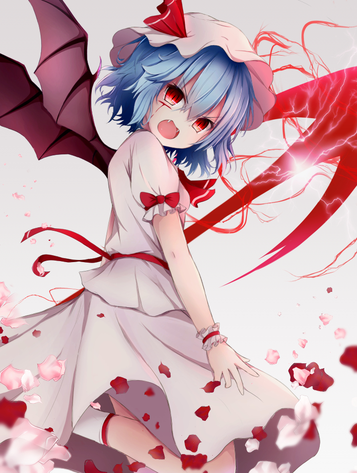 1girl bat_wings blood blood_on_face blue_hair fangs folded_leg gradient gradient_background grey_background hat hat_ribbon injury looking_at_viewer mob_cap open_mouth petals red_eyes remilia_scarlet ribbon rose_petals short_hair short_sleeves simple_background skirt skirt_set slit_pupils solo spear_the_gungnir tapuri_(hurleyx) touhou tube_socks wings wrist_cuffs