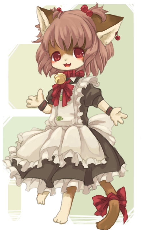 1girl animal_ears bell blush commentary_request furry hair_bobbles hair_ornament kishibe maid red_eyes ribbon short_hair smile solo tail tail_ribbon
