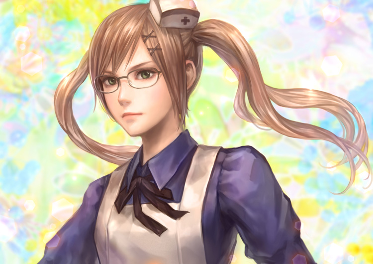 1girl apron axis_powers_hetalia belarus_(hetalia) black_ribbon blonde_hair expressionless glasses green_eyes hair_ornament hairclip hat long_hair looking_at_viewer lotus_(elico) mini_hat ribbon rimless_glasses twintails upper_body