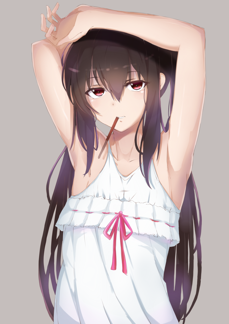 1girl armpits arms_up black_hair blush grey_background k-on! long_hair looking_at_viewer nakano_azusa pocky red_eyes ribbon-trimmed_clothes ribbon_trim saisarisu solo twintails white_clothes