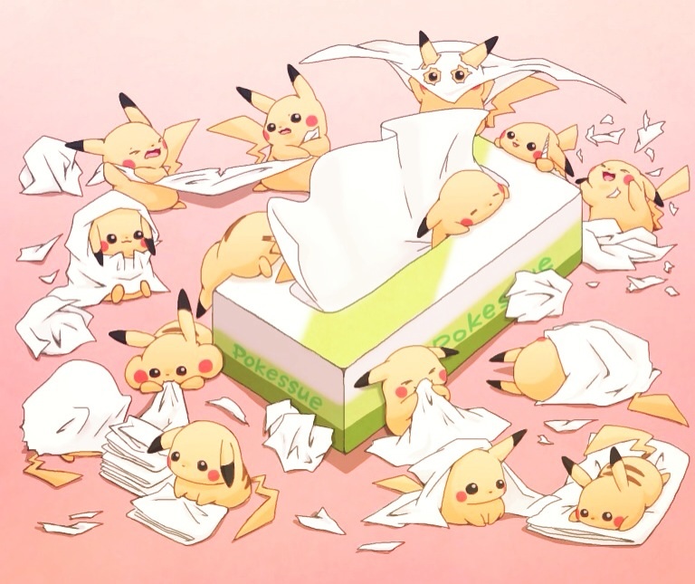 &gt;_&lt; :3 ^_^ biting blanket blush_stickers cape chewing closed_eyes gradient gradient_background happy lying mask no_humans on_side on_stomach pachipachi326 paper_airplane pikachu pokemon pokemon_(creature) pulling sitting sleeping tearing_paper text tissue tissue_box too_many too_many_pikachu upside-down